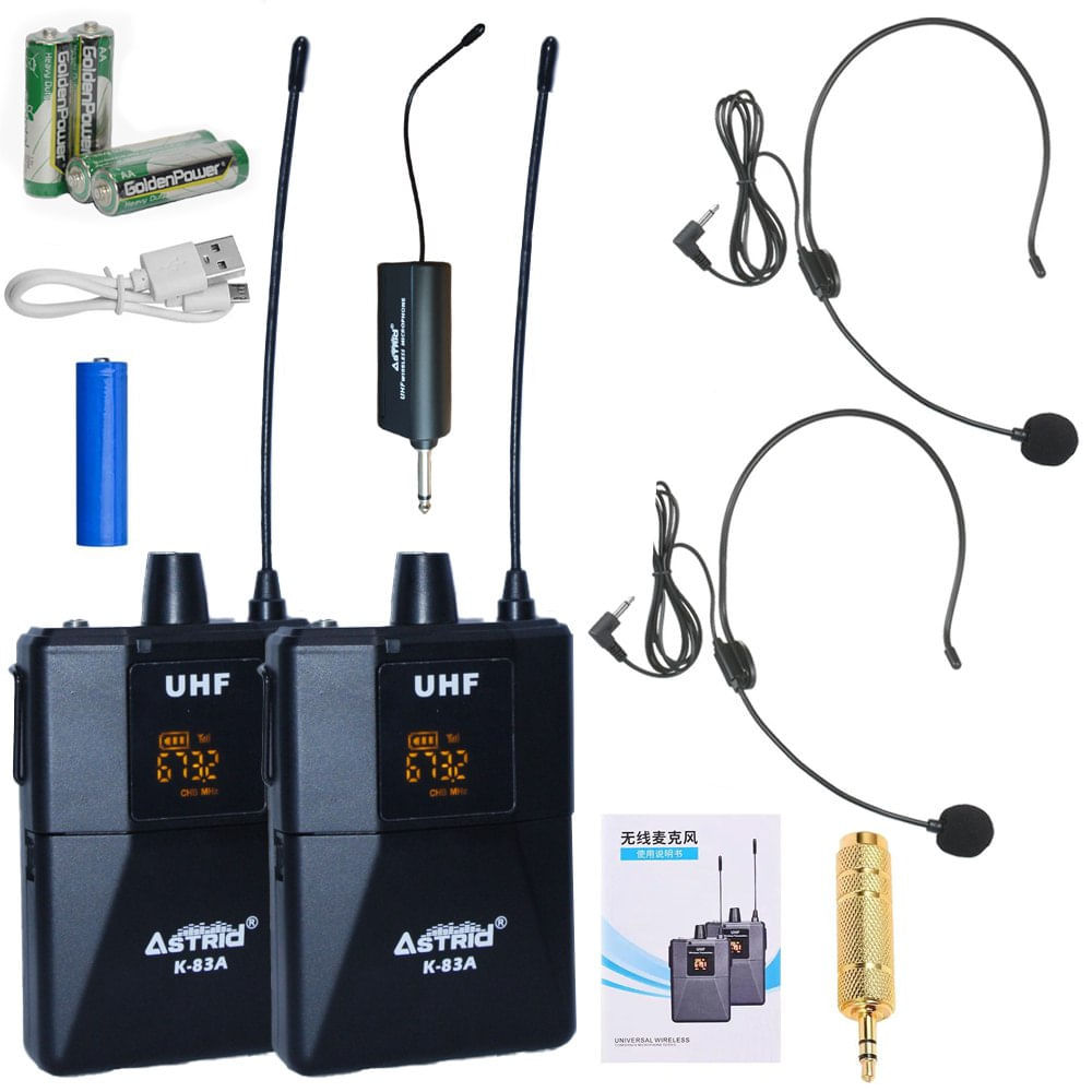 Kit Doble Micrófono Wincha UHF Inalámbrico 6.5mm 3.5mm ASTRID K83A
