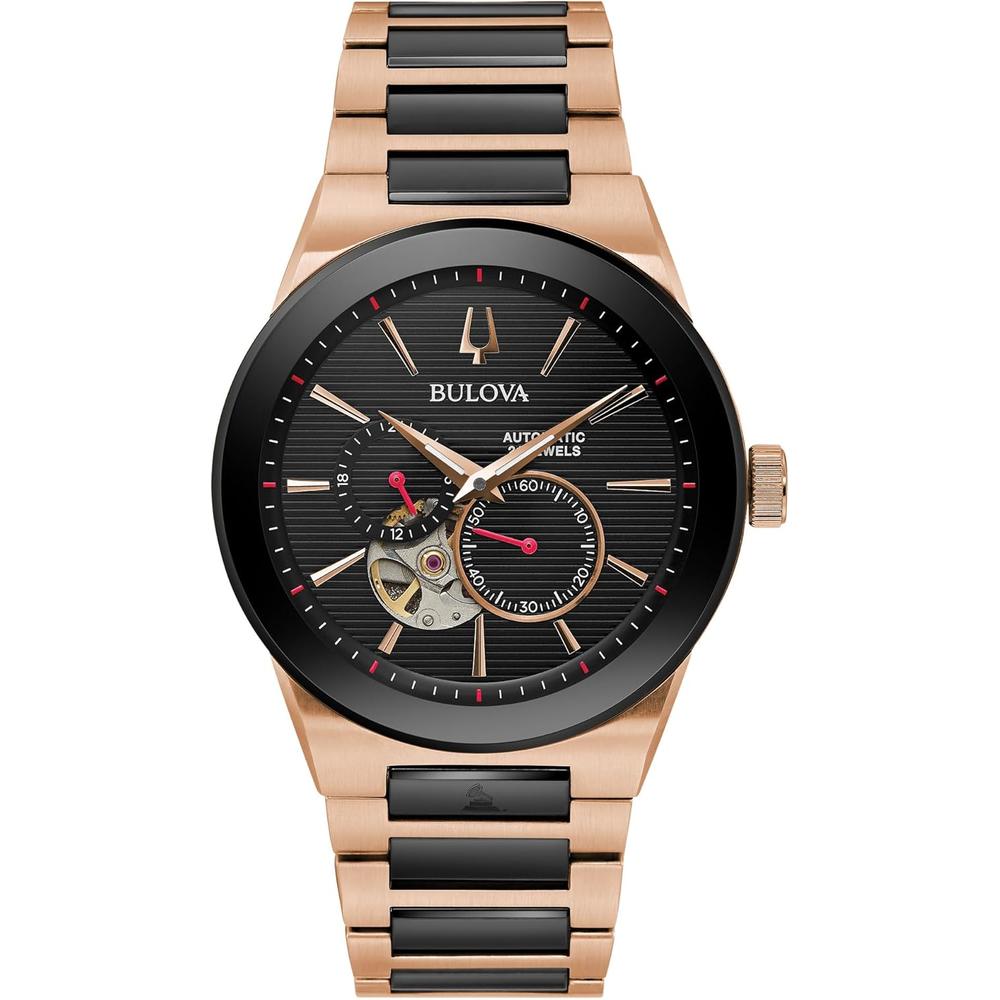 Bulova reloj Latin Grammy Modern Millenia hombre automático 3 agujas apertura | Negro/Oro Rosa