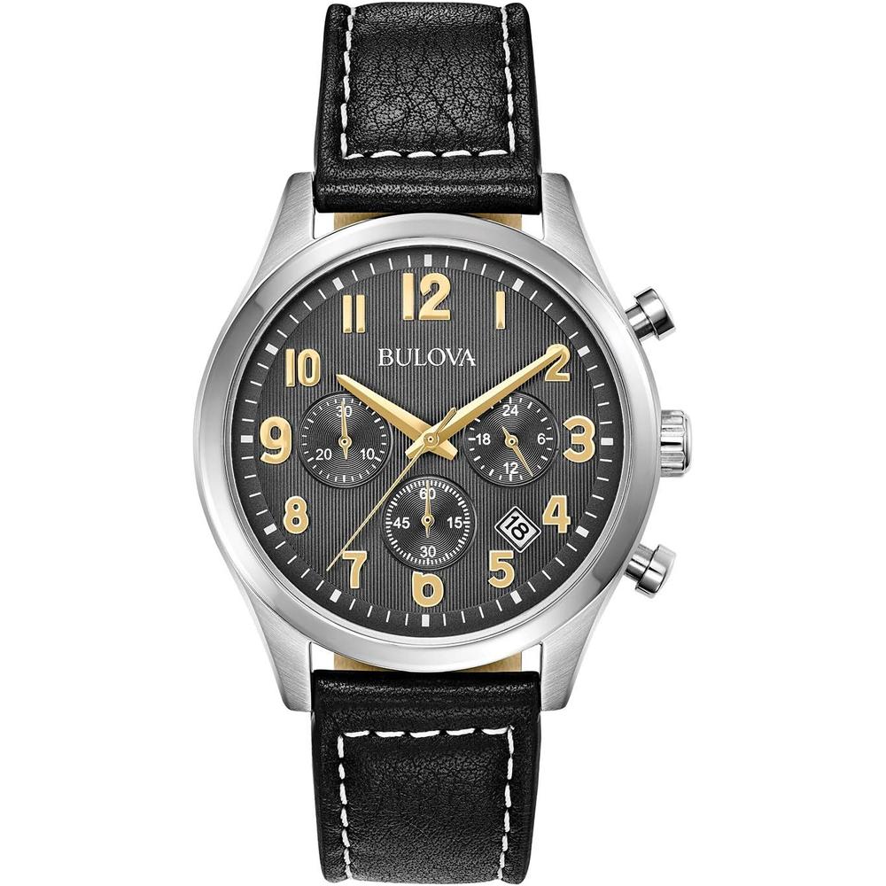 Bulova reloj clásico hombre cronógrafo 6 agujas de cuarzo acero correa cuero | Negro