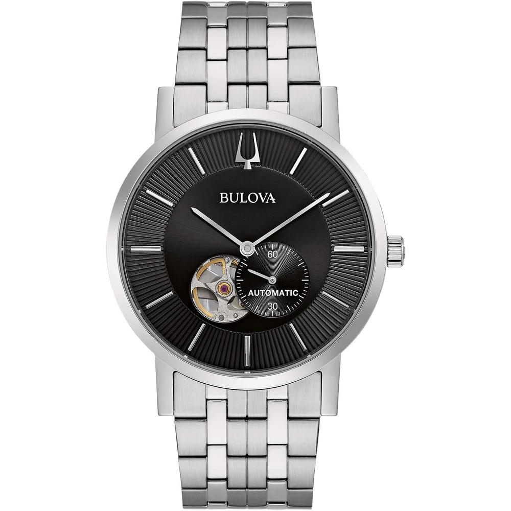 Bulova reloj clásico vestir hombre automático 3 agujas 21 joyas apertura | Plata/Negro