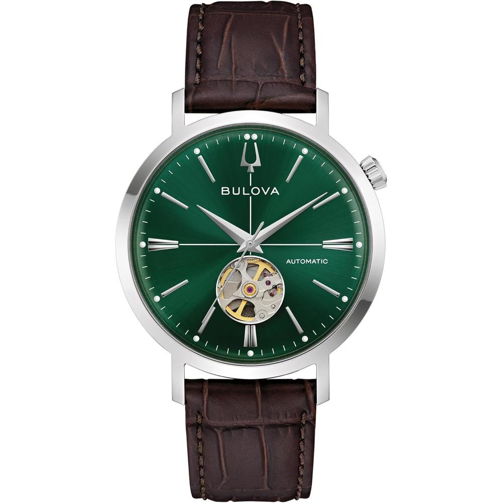 Bulova reloj clásico Aerojet hombre automático 3 agujas correa piel apertura | Marrón
