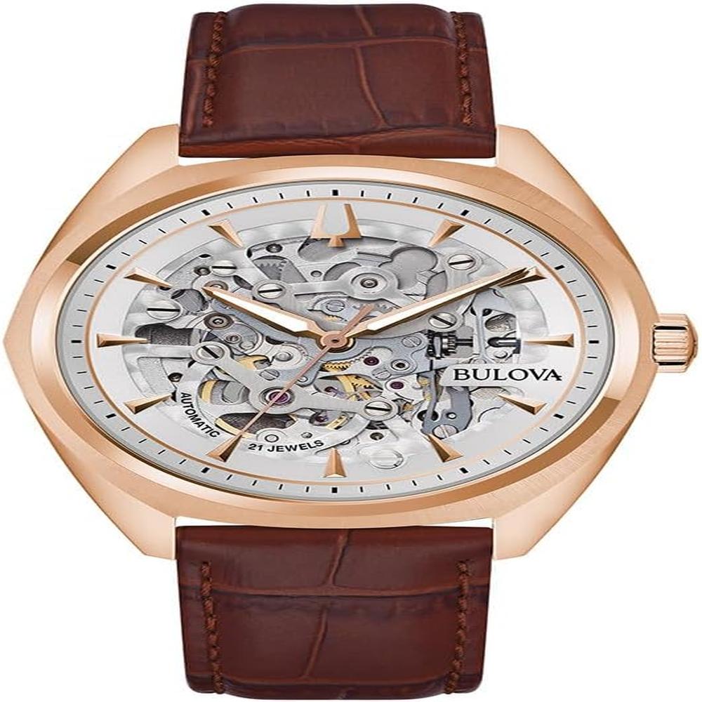 Bulova reloj clásico automático hombre correa cuero esfera esqueletizada | Marrón