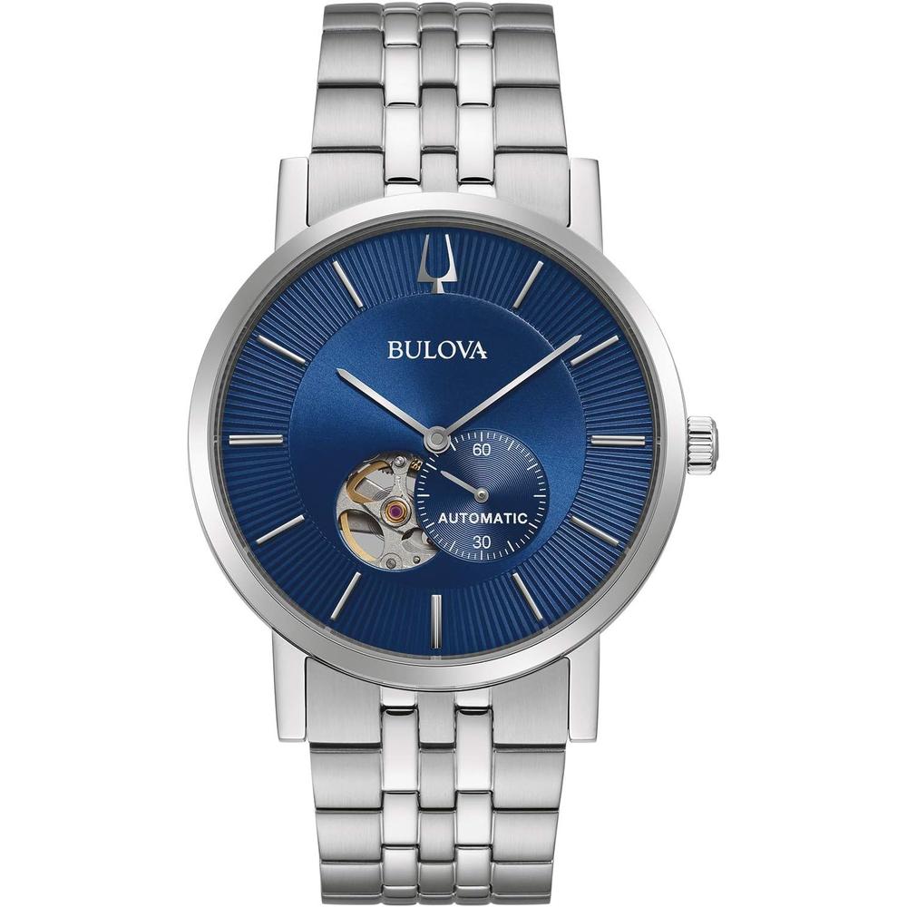 Bulova reloj clásico vestir hombre automático 3 agujas 21 joyas apertura | Plata/Azul