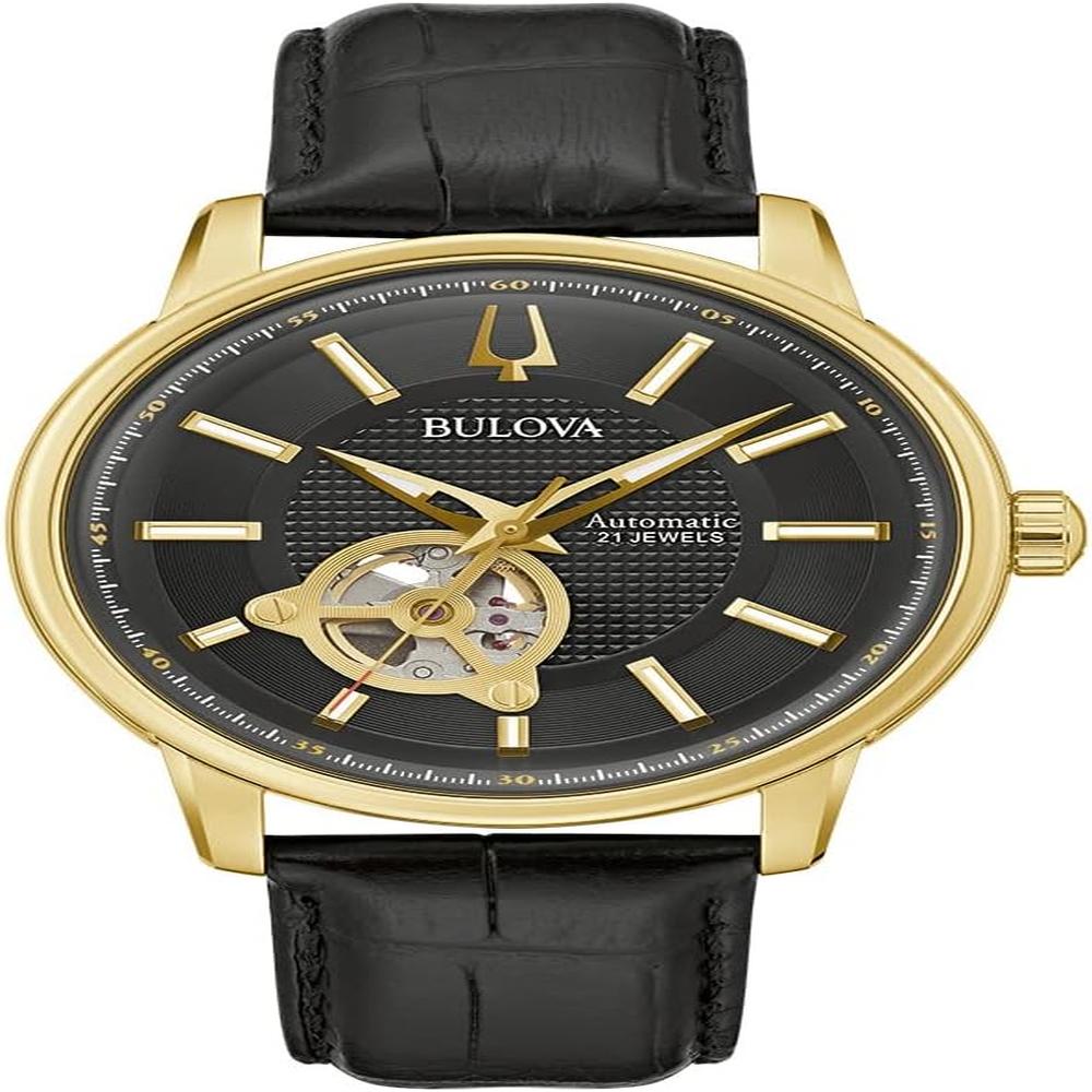 Bulova reloj clásico hombre automático 3 agujas correa piel índices | Negro/Oro
