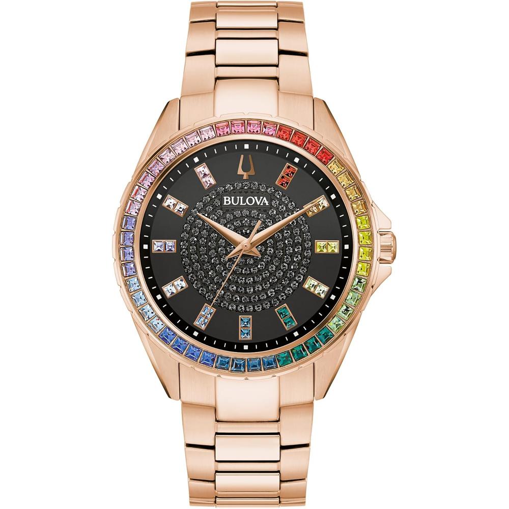 Bulova reloj Crystal Phantom hombre 3 agujas acero bisel cristal pavé | Oro Rosa
