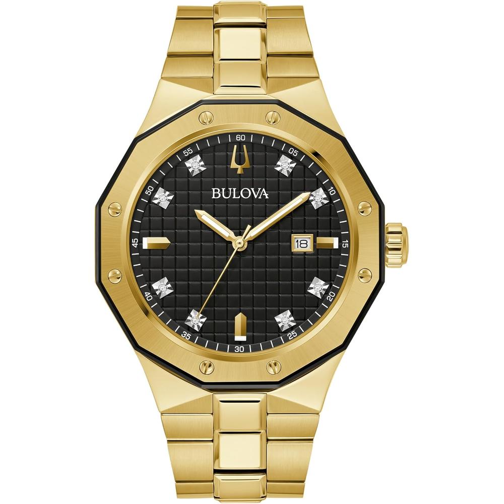 Bulova reloj clásico de hombre cuarzo 3 agujas fecha día con diamantes | Oro/Negro