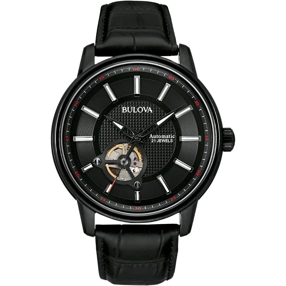 Bulova reloj clásico automático hombre 3 agujas correa piel fondo | Negro