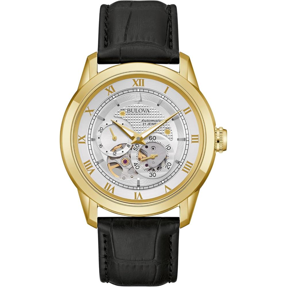Bulova reloj Sutton hombre automático 4 agujas subesfera 24h fondo transparente | Oro/Negro