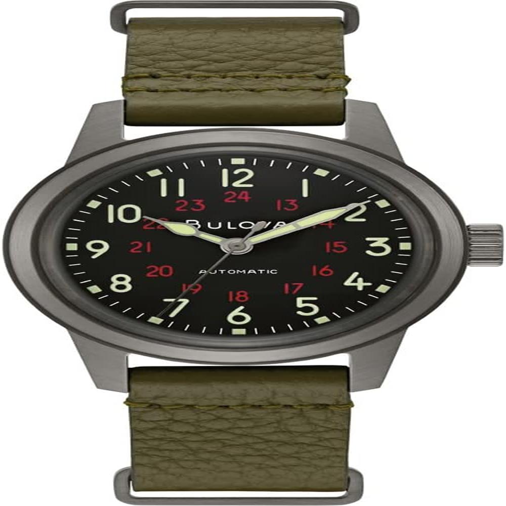 Bulova reloj hombre militar clásico automático 3 agujas correa cuero acero | Verde