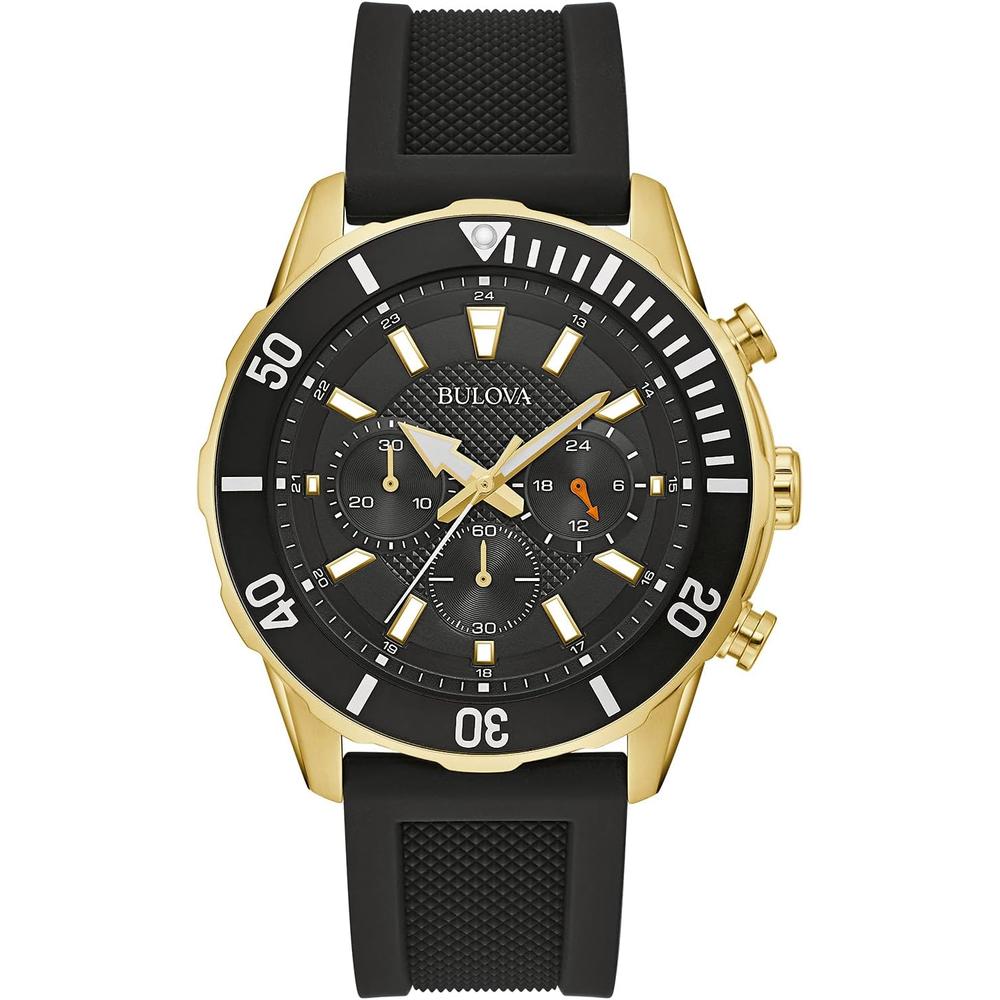 Bulova reloj deportivo hombre cronógrafo 6 agujas correa silicona fecha | Negro/Oro