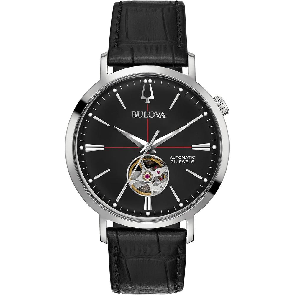 Bulova reloj clásico Aerojet automático hombre 3 agujas correa de piel | Negro