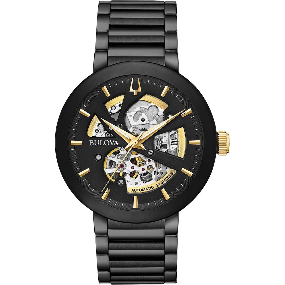 Bulova reloj moderno hombre automático 3 agujas apertura cristal borde | Negro / Dorado