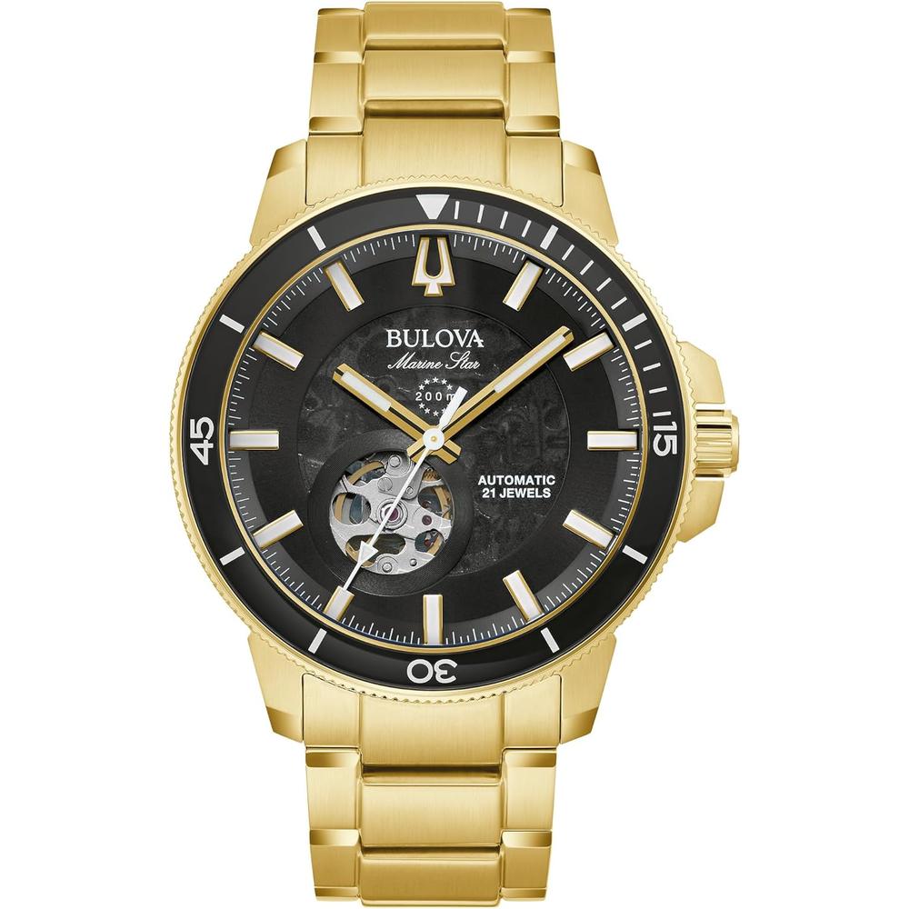 Bulova reloj Marine Star hombre serie C automático 3 agujas bisel giratorio | Oro/Negro