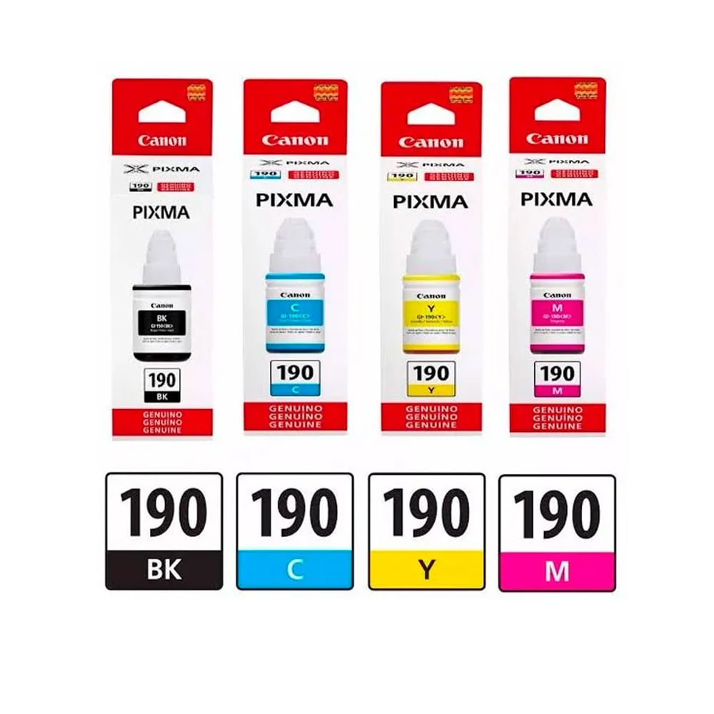 Kit de 4 Tintas Canon GI-190 Negro y Colores Pixma G2110 G3110 G4110 Original