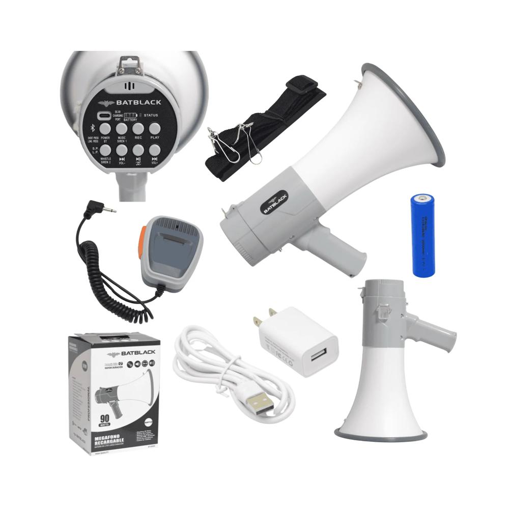 Megáfono Recargable 90W con Sistema de Grabación Sirena Bluetooth y USB BT-ER99 BATBLACK