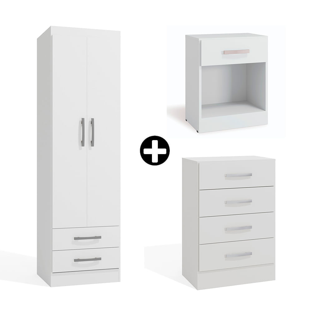 COMBO Ropero Cali 2 puertas + Cómoda Cali 4 cajones + Velador Cali 1 cajón Blanco COMBO Ropero Cali 2 puertas + Cómoda Cali 4 cajones + Velador Cali 1 cajón Blanco
