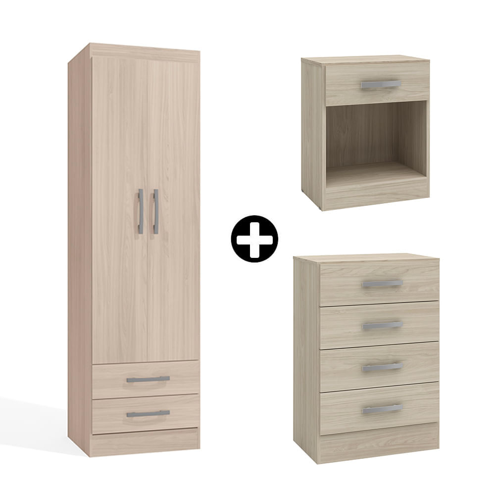 COMBO Ropero Cali 2 puertas + Cómoda 4 cajones + Velador 1 cajón Almendra COMBO Ropero Cali 2 puertas + Cómoda 4 cajones + Velador 1 cajón Almendra