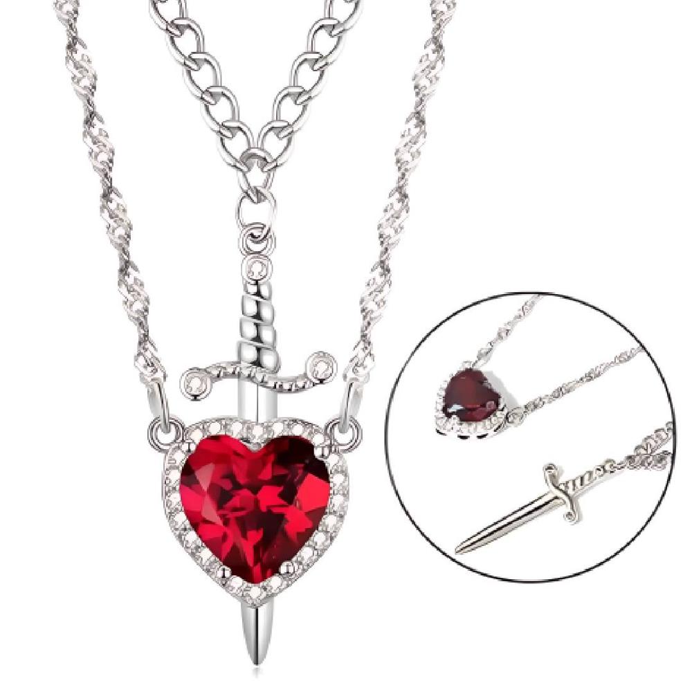 Collar de Pareja Corazon y Espada  Plateado Diseño Unico Rojo