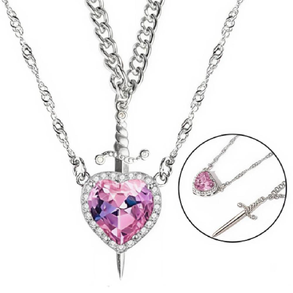 Collar de Pareja Corazon y Espada  Plateado Diseño Unico Rosa con Circonia