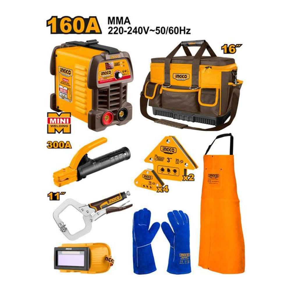 Kit máquina de soldar Ingco160A con 8 piezas soldador COS23095