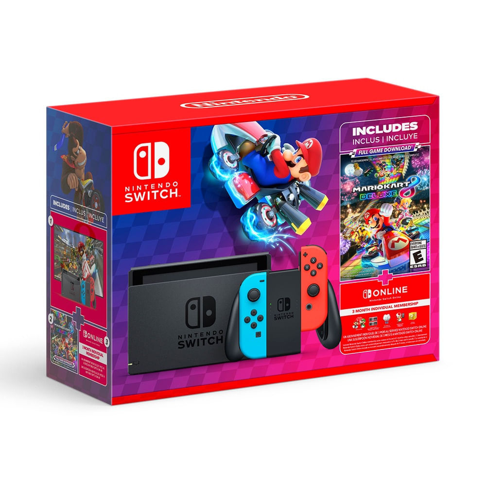 Nintendo Switch Neon Mario Kart 8 Bundle + 3 Meses Switch Azul-Rojo