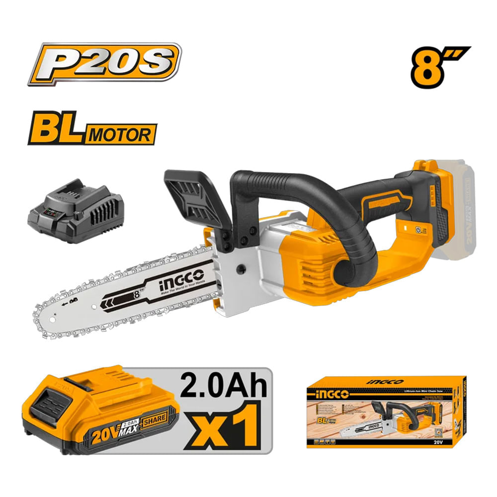Motosierra Ingco 20V  20 CM con 1 Batería 2.0AH con Cargador CGSLI20851