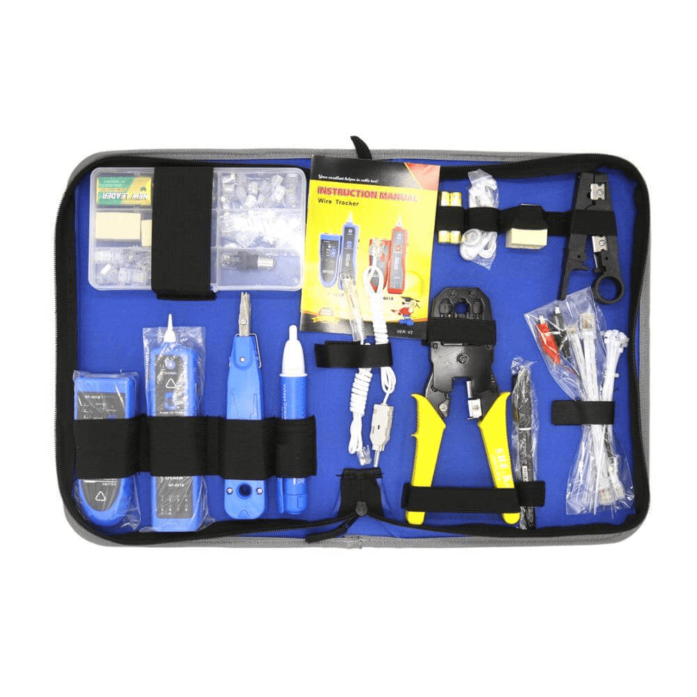 Kit redes Crimpeador Testeador Rastreador cable Detector corriente y 15 Adaptadores Rj45 Rj11