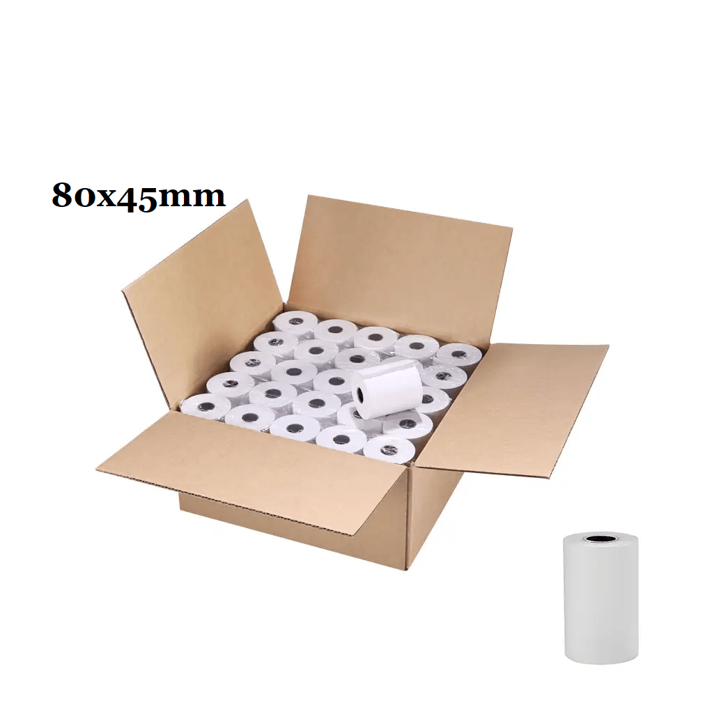 Caja 50 rollos 80x45 contómetro papel térmico 80x45mm 55gr