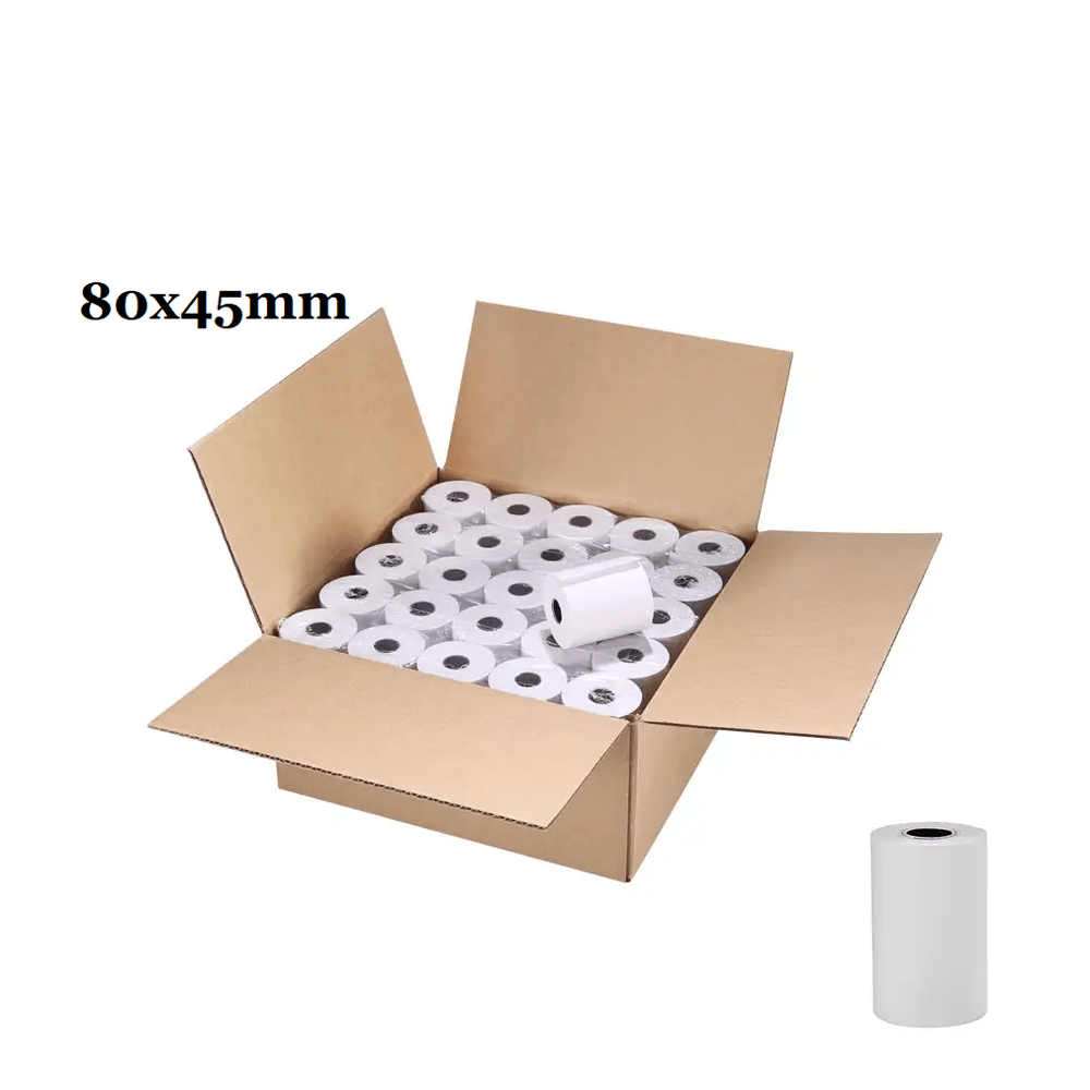 Caja de 50 rollos 80x45 contómetro papel térmico blanco 80x45mm 55g para impresora portátil Caja de 50 rollos 80x45 contómetro papel térmico blanco 80x45mm 55g para impresora portátil