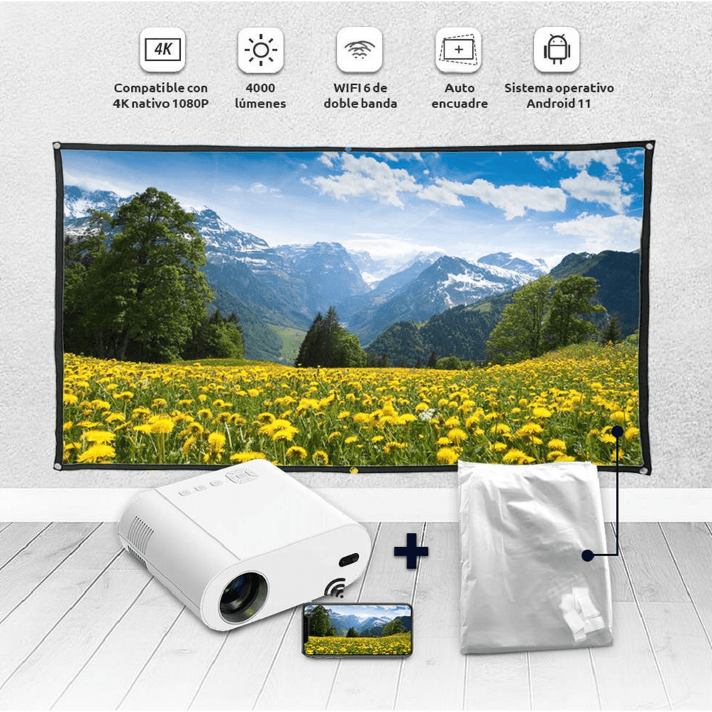 Proyector Android Fullhd WiFi Bluetooth Hdmi AV con Tela Ecran de 120 pulgadas Proyector Android Fullhd WiFi Bluetooth Hdmi AV con Tela Ecran de 120 pulgadas