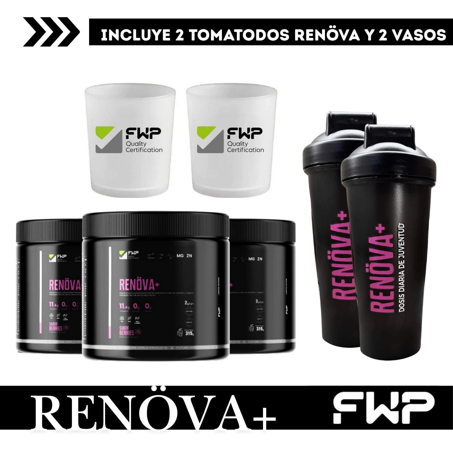 COLÁGENO ORIGINAL FWP RENOVA PLUS 3 POTES CON 2 TOMATODOS Y 2 VASOS