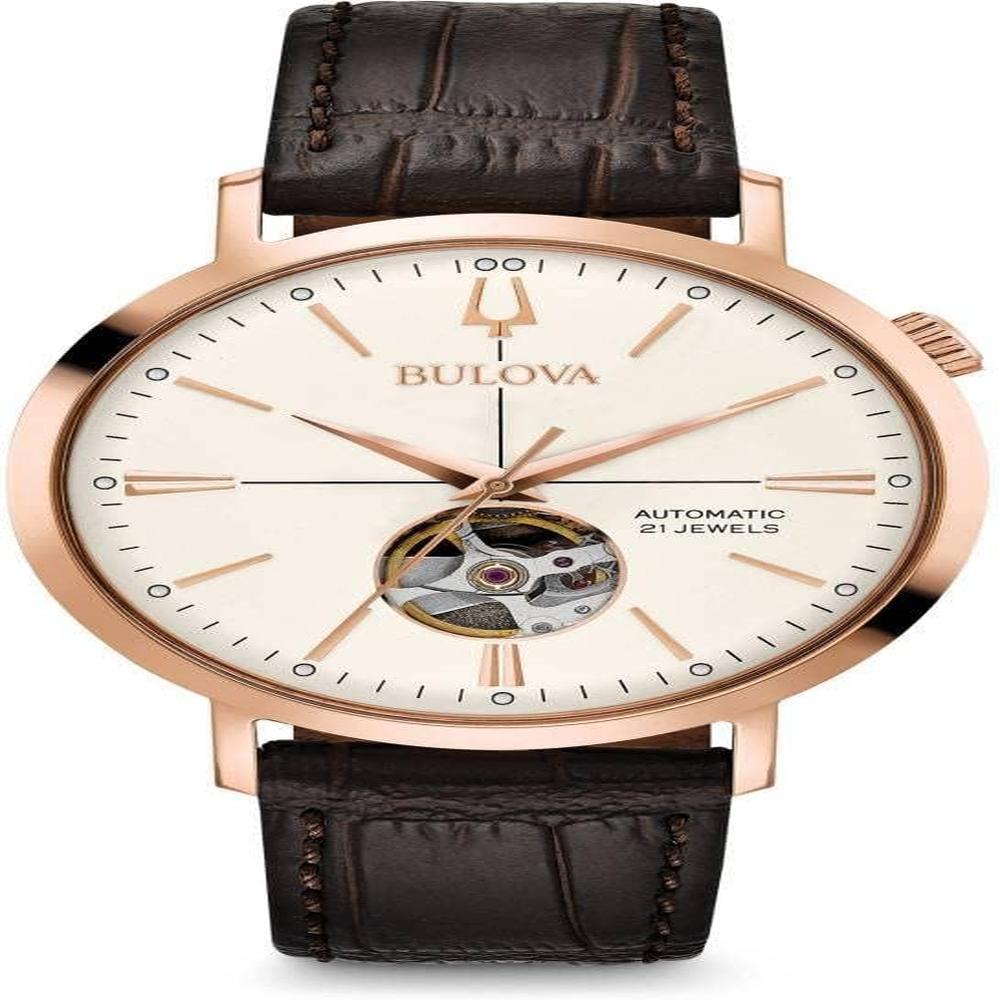 Bulova reloj Aerojet hombre automático 3 agujas correa piel apertura reserva | Marrón