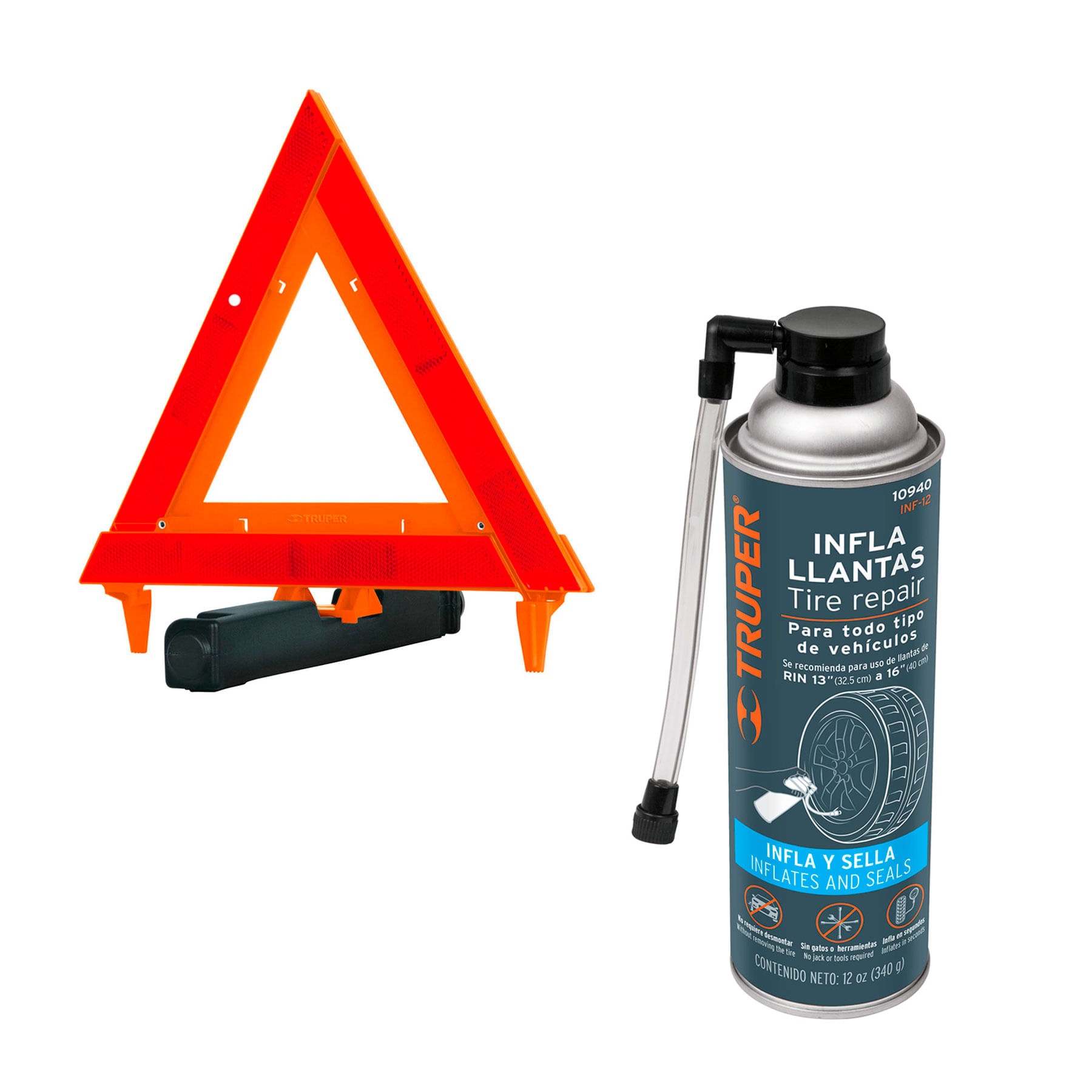 Triangulo de Seguridad Vial 44cm 10942 y Sellador de Neumaticos Llanta 12oz Auto 10940 Truper