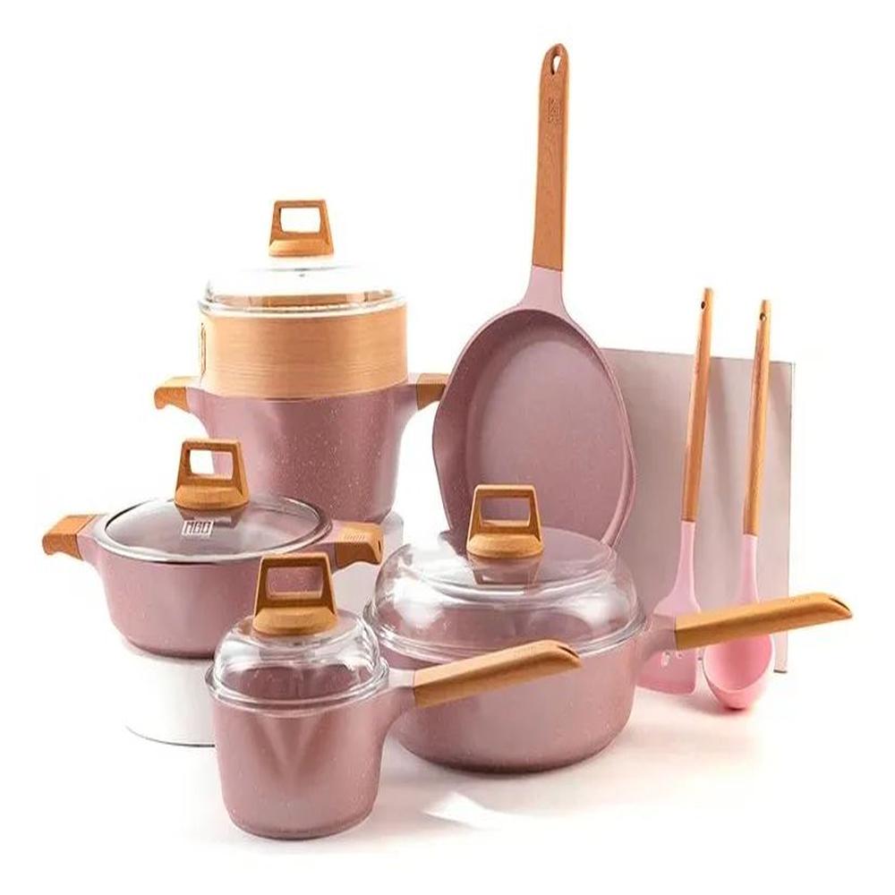 Set Ollas Roca Volcánica Antiadherente con Vaporizador Bambú 13pcs ROSA- MGC