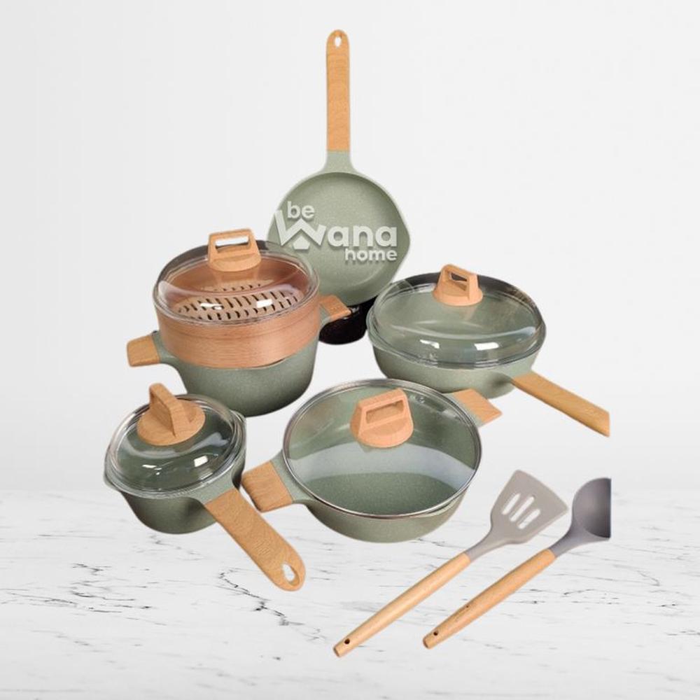 Set Ollas Roca Volcánica Antiadherente con Vaporizador Bambú 13pcs VERDE - MGC