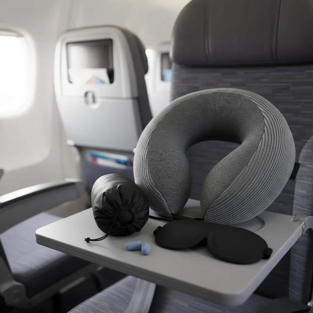 Kit Cojin de Cuello Color Gris Almohada para viaje con espuma viscoelástica y tapaoidos antifaz