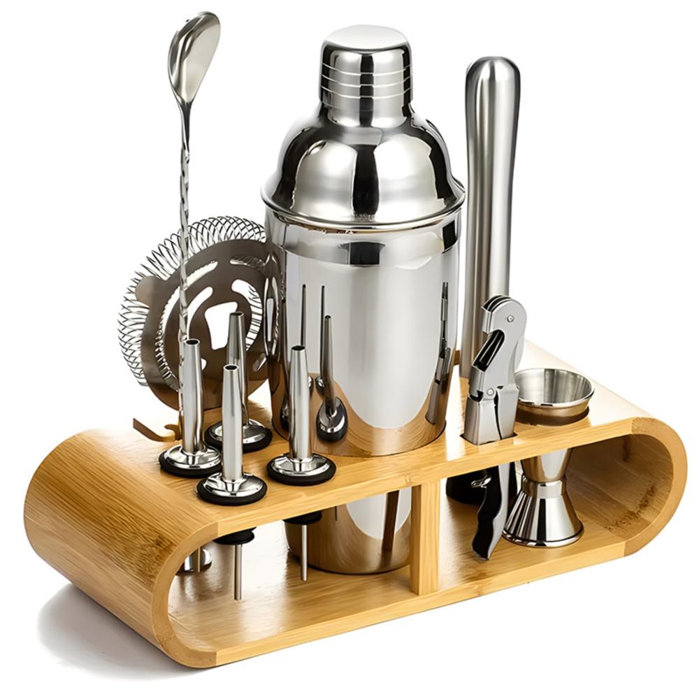 Set de Coctelería Profesional Inox 12 Pzs con Base de Bambú