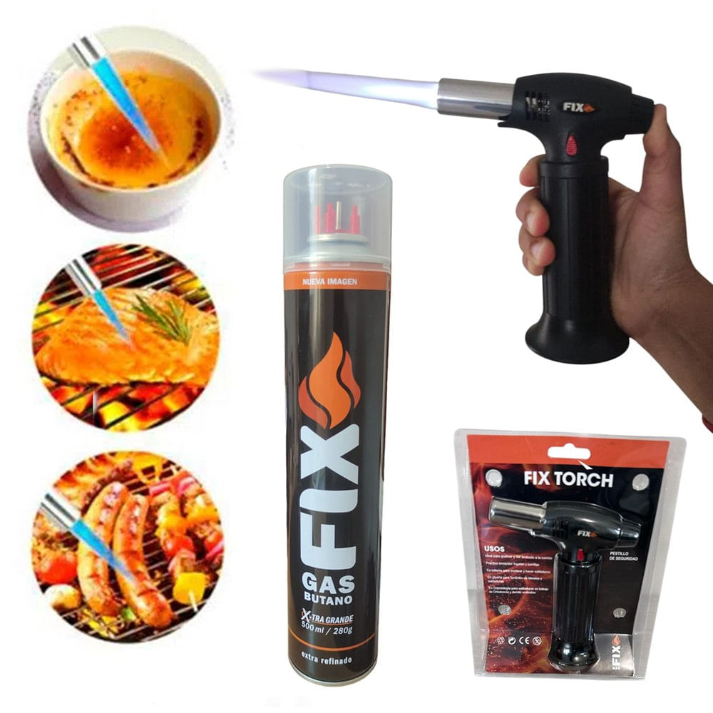 KIT Soplete Portátil FIX para Cocina Camping ferreteria Recargable mas Gas 500ml