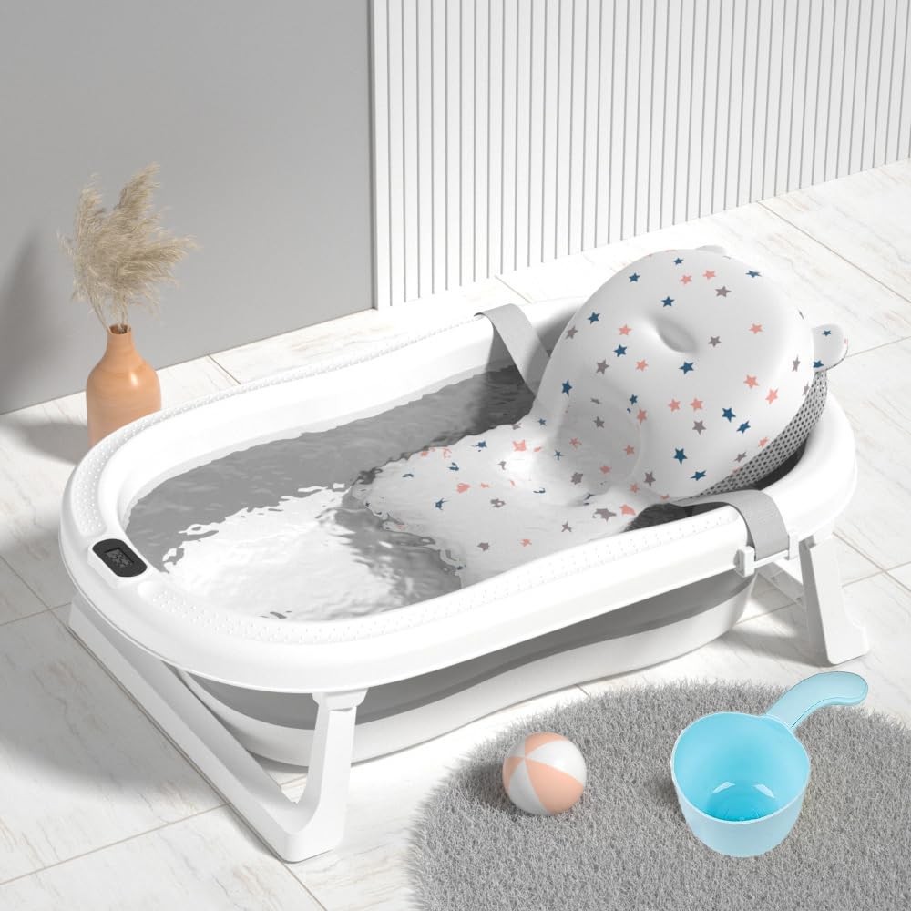 Bañera Plegable para Bebe con Cojin Indicador de Temperatura -  Gris