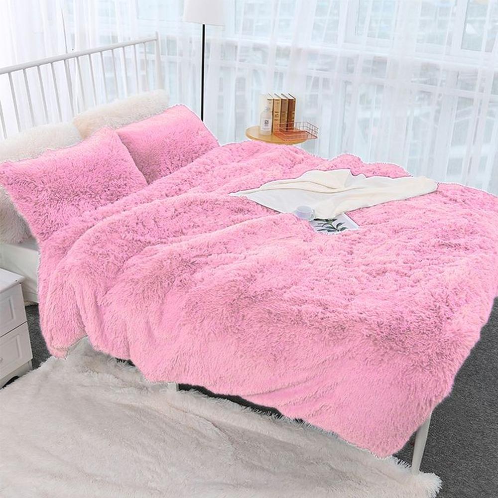 Cubrecama peluche corto queen size palo rosa