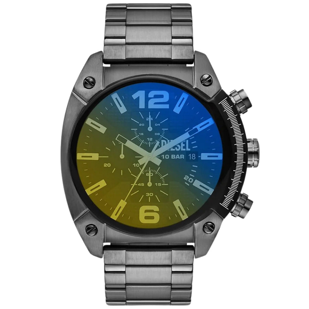 Reloj Diesel Overflow DZ4616 Fecha Acero Inoxidable Gunmetal Cristal iridiscente
