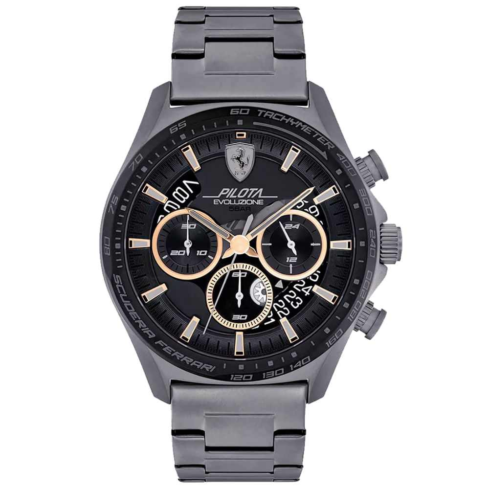 Reloj Farrari Pilota Evo 0830824 Fecha Cronómetro Acero Inoxidable Gunmetal Dial Negro