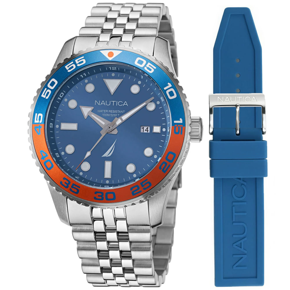Reloj Nautica Pacific Beach NAPPBF146 Fecha Set 2 Correas Acero Inoxidable y Silicona