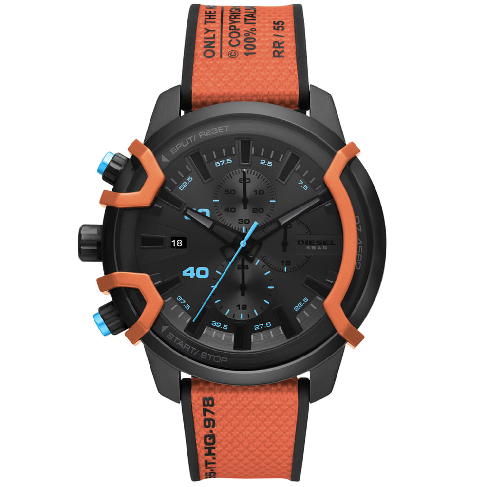 Reloj Diesel Griffed DZ4562 Fecha Cronómetro  Acero Inoxidable Correa de Silicona Negro Naranja
