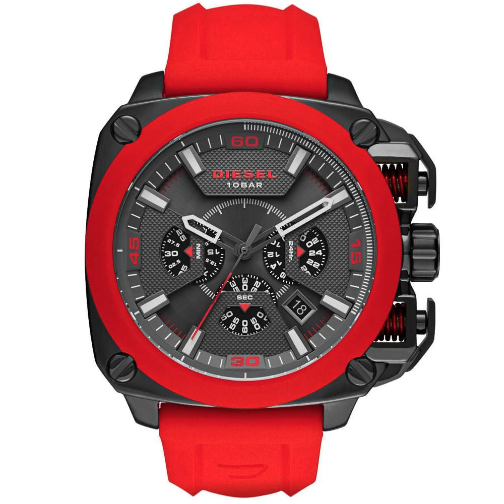Reloj Diesel BAMF DZ7368 Fecha Cronómetro  Acero Negro Correa Silicona Rojo