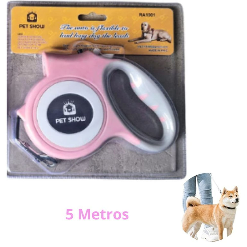 CORREA RETRACTIL CON LINTERNA PARA MASCOTA ROSADO