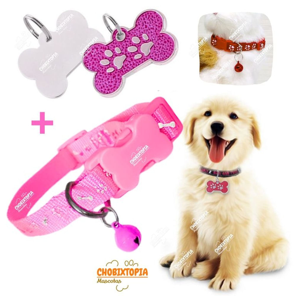 PLACA Y COLLAR PARA MASCOTAS CON CASCABEL - ROSADO y FUCSIA