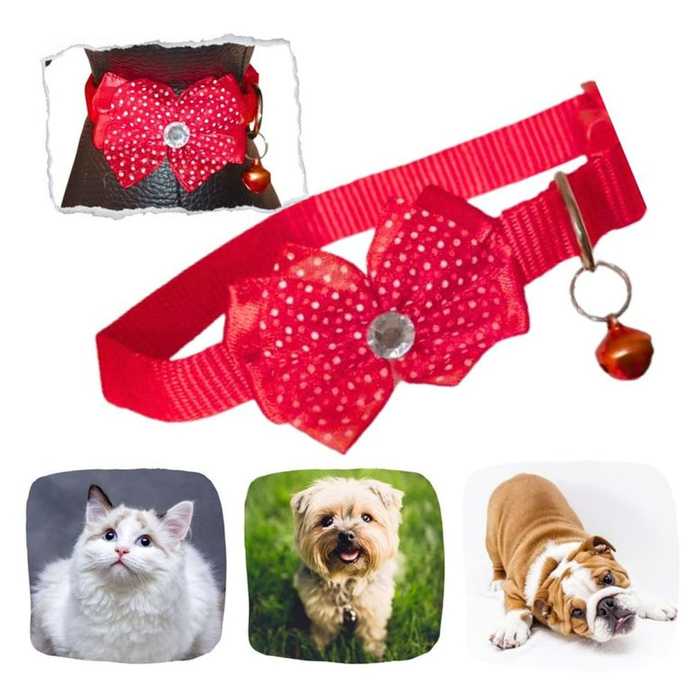 COLLAR ANCHO PARA MASCOTAS-MOÑO GRANDE Y CASCABEL ROJO.