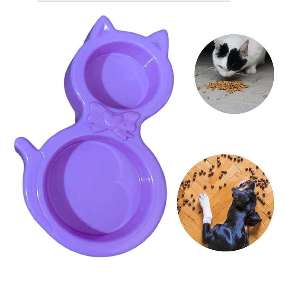 PLATO DOBLE PARA MASCOTA FORMA DE GATO - LILA ROJO PLATO DOBLE PARA MASCOTA FORMA DE GATO - LILA ROJO