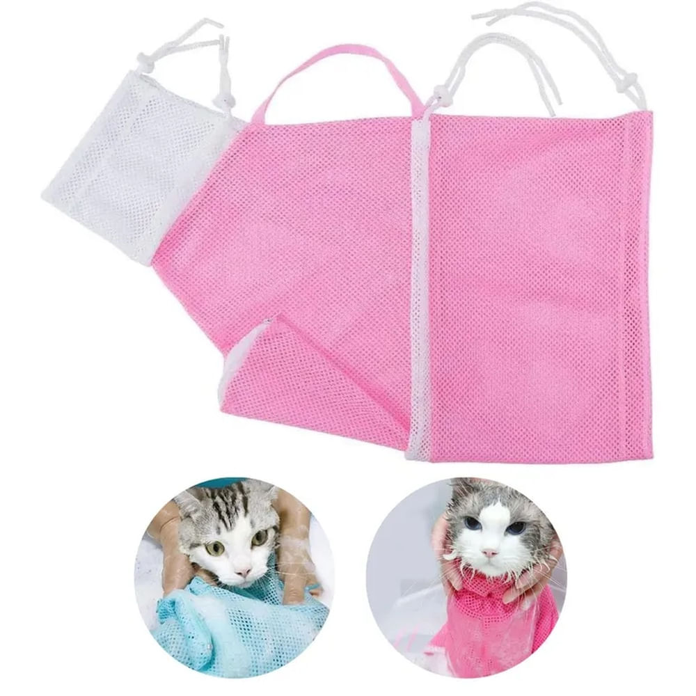 BOLSA DE ASEO DE MALLA PARA GATOS ROSADA Y BLANCO. BOLSA DE ASEO DE MALLA PARA GATOS ROSADA Y BLANCO.
